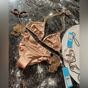 NWT beach bunny bikini RARE XL set ball and chain in bronze color